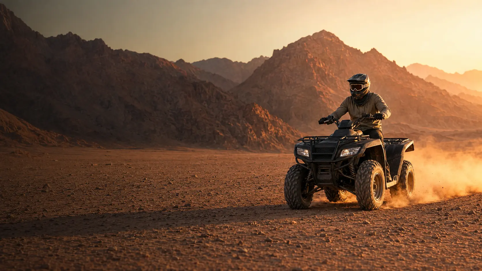 A helmeted rider on a quad bike in the Hurghada desert at golden hour